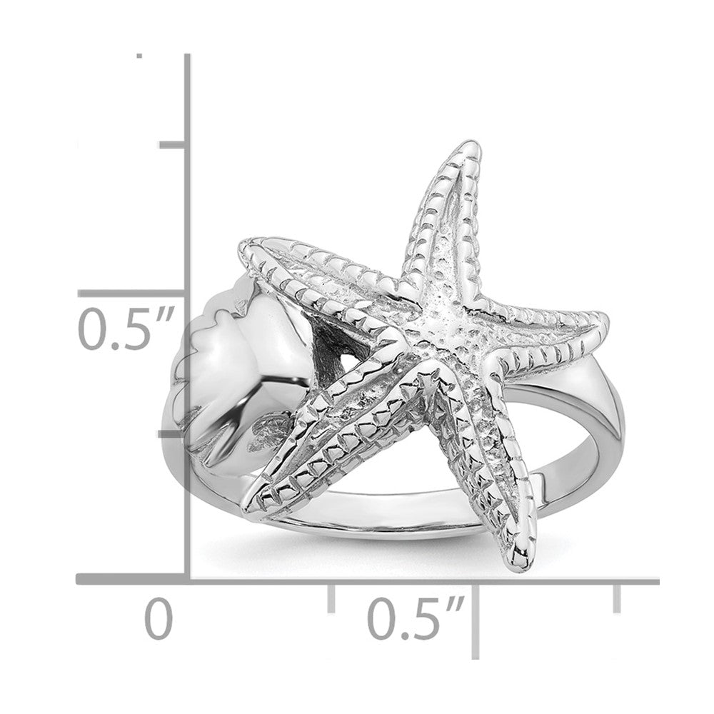 Sterling Silver Rhodium-plated Polished and Textured Sea Shell with Starfish Size 7 Ring