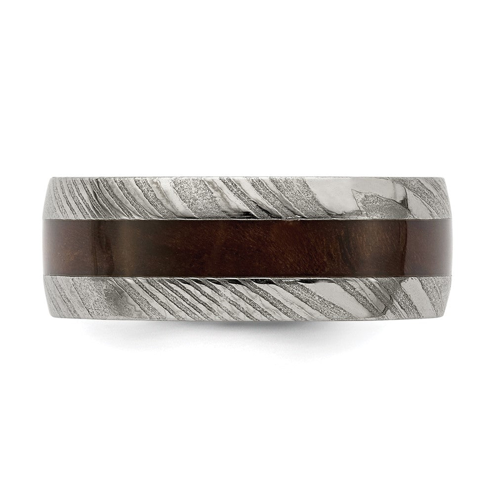 Damascus Steel Polished with Ebony Wood Inlay 8mm Band Size - 13
