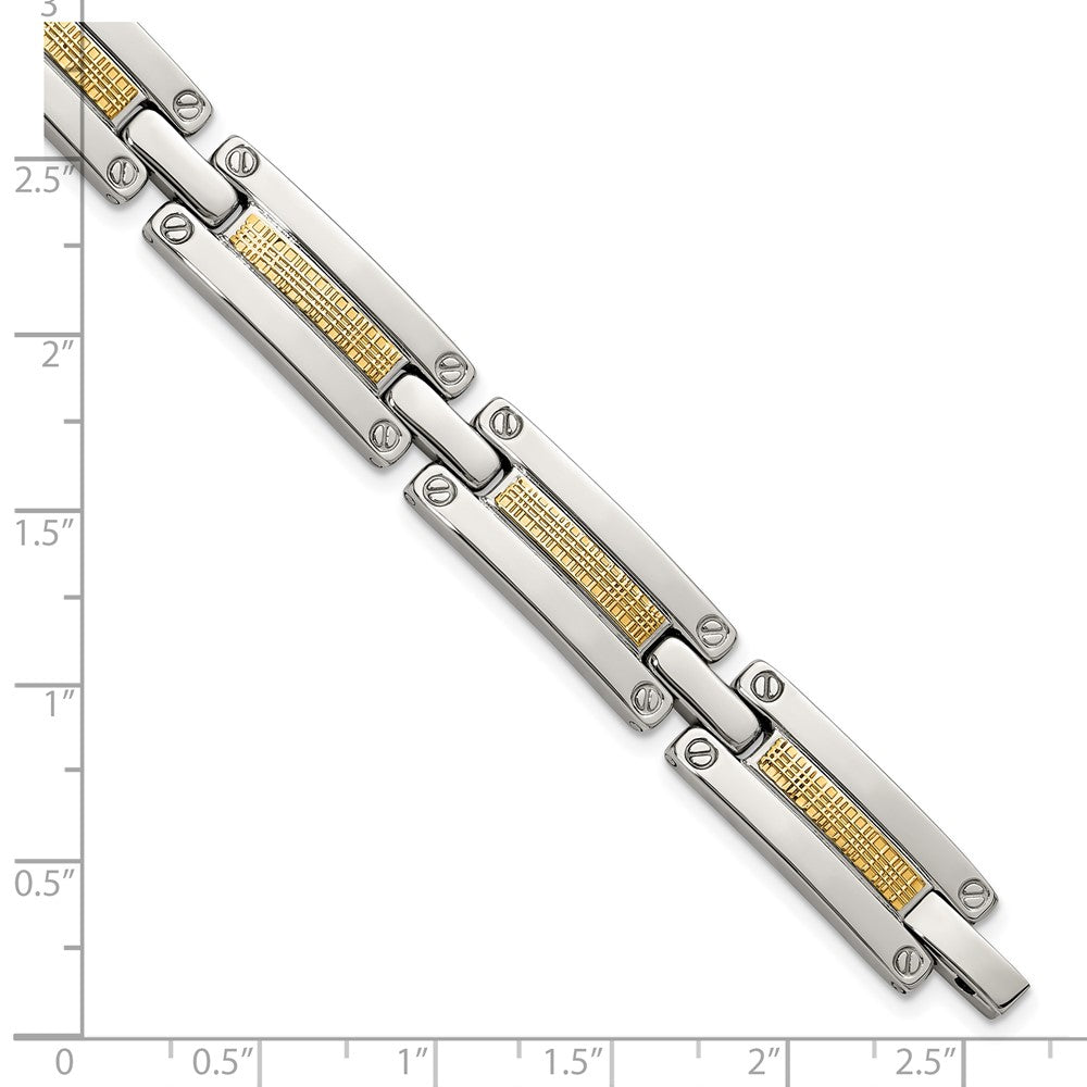 Chisel Stainless Steel Polished with 14K Gold Accent Basket Weave Pattern 8.5 inch Link Bracelet 8.5 inches