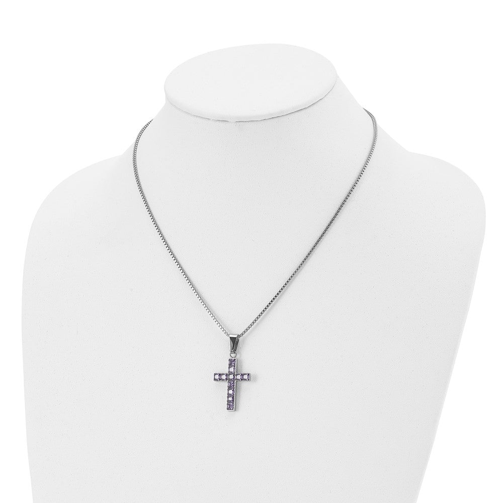 Stainless Steel Polished w/Purple Square CZ Cross 18in Necklace