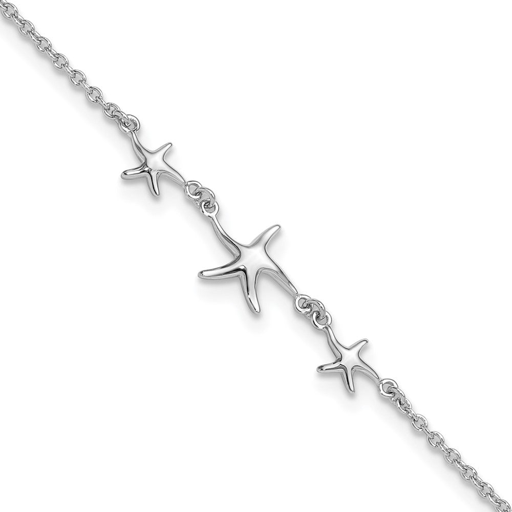 Sterling Silver Rhodium-plated 10in w/1in ext Three Stars Anklet 10 inches