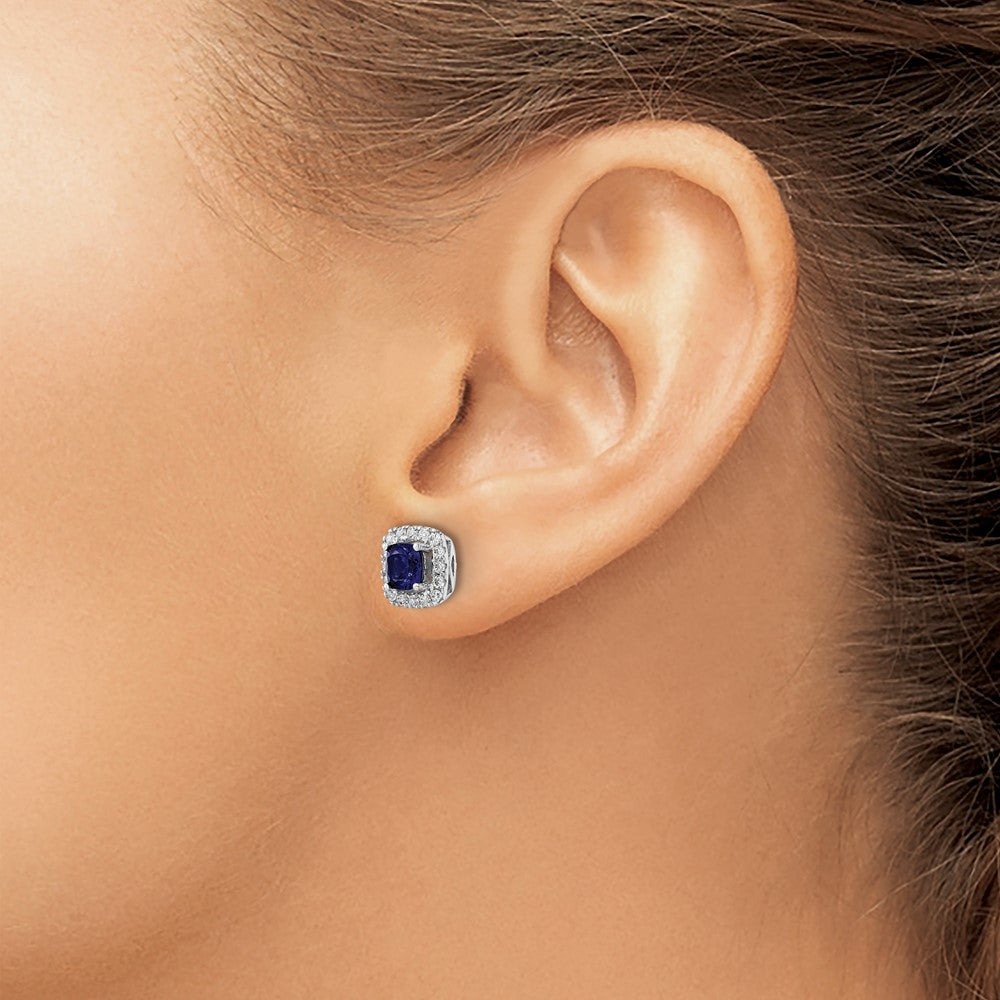 14k White Gold 3/8 carat Lab Grown Diamond VS/SI+ G+ September Birthstone Lab Created Blue Sapphire Halo Post Earrings