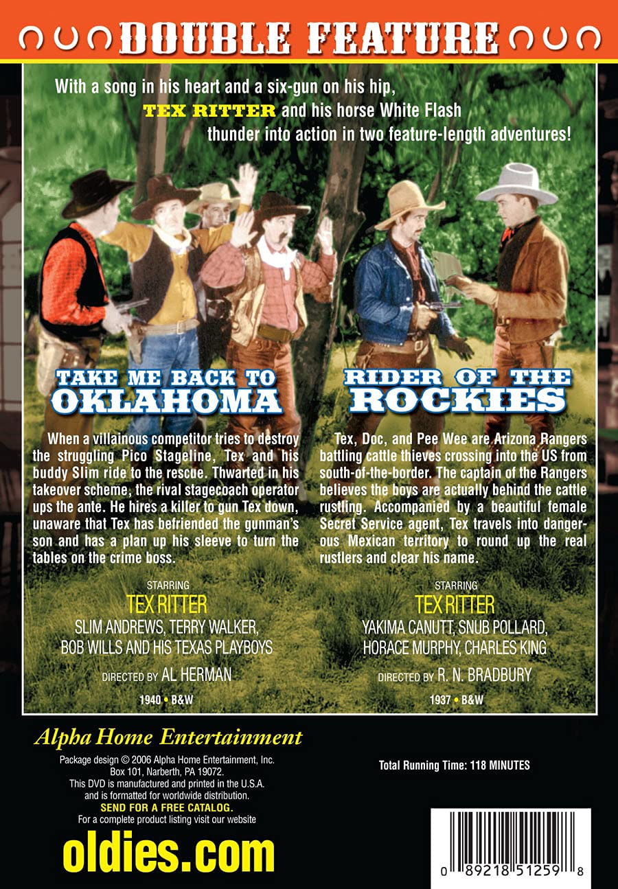 Tex Ritter Double Reature: Take Me Back / Rider of (DVD), Alpha Video, Western