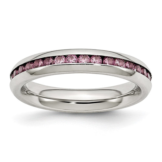 Stainless Steel Polished 4mm June Pink CZ Ring Size - 9
