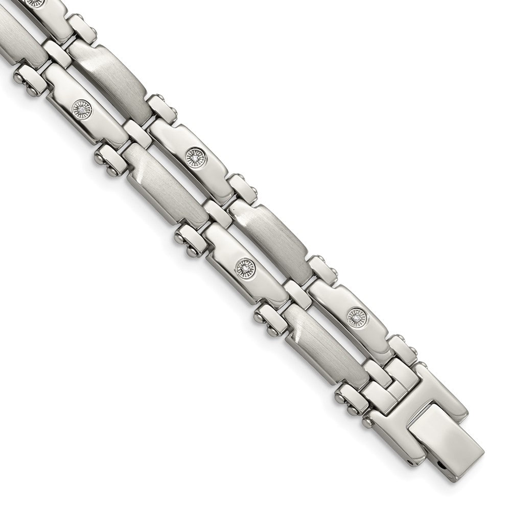 Stainless Steel Brushed & Polished w/14k White Gold & Diamonds Bracelet 8.5 inches