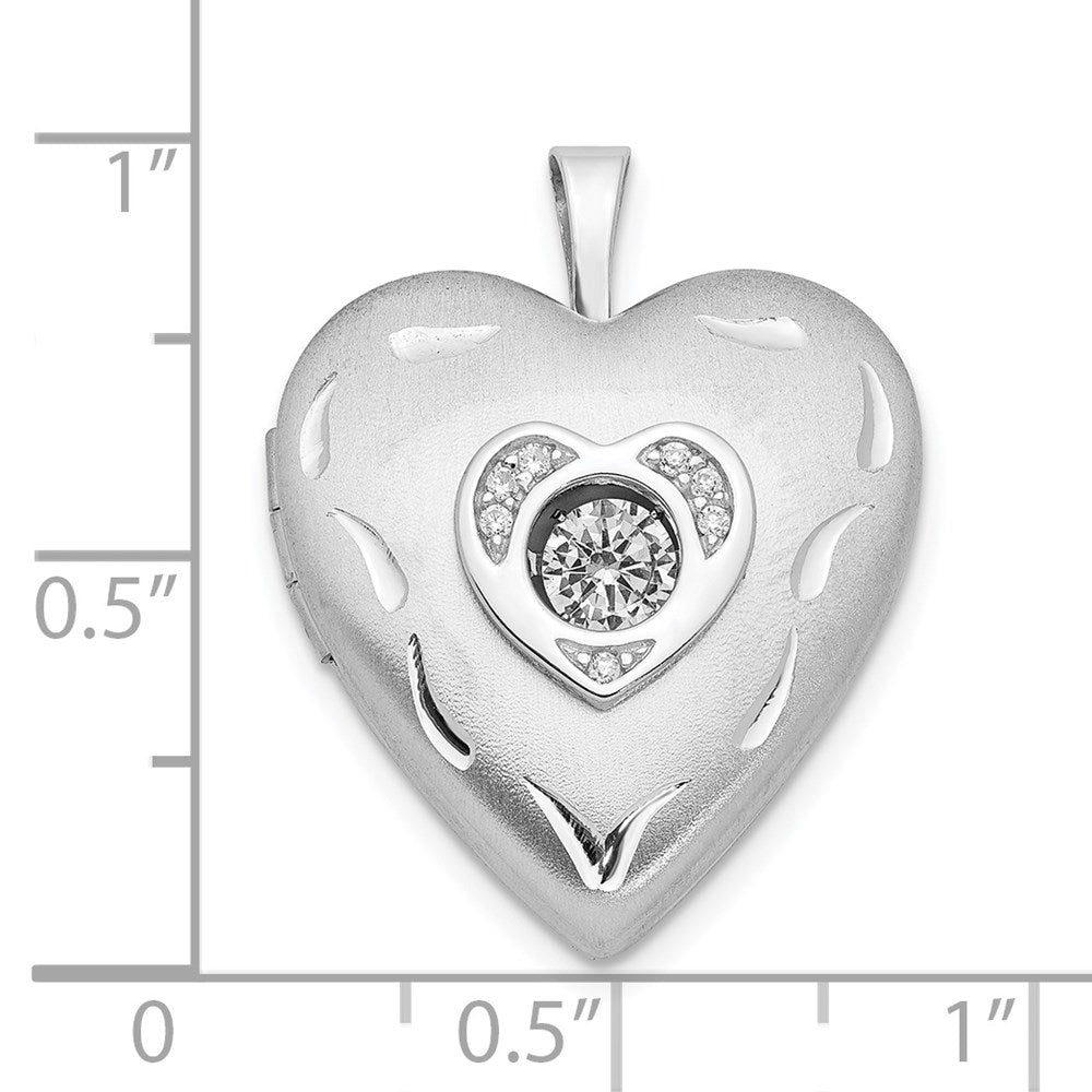 Sterling Silver 20mm Vibrant Crystal Brushed & Polished Heart Locket