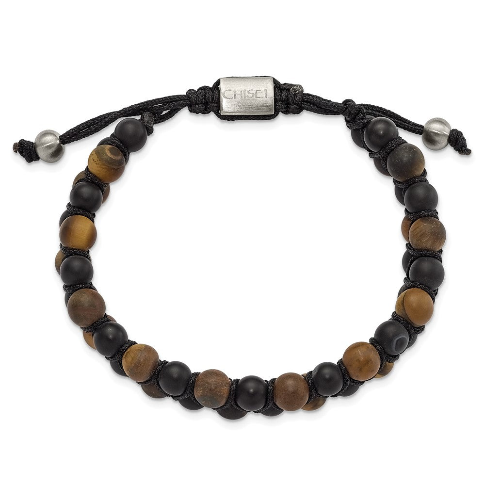 Stainless Steel Brushed Tiger's Eye/Black Agate Adjustable Bracelet 9 inches