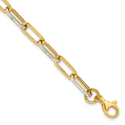 14K w/White Rhodium Polished / Diamond-cut Link Bracelet 7.5  inches