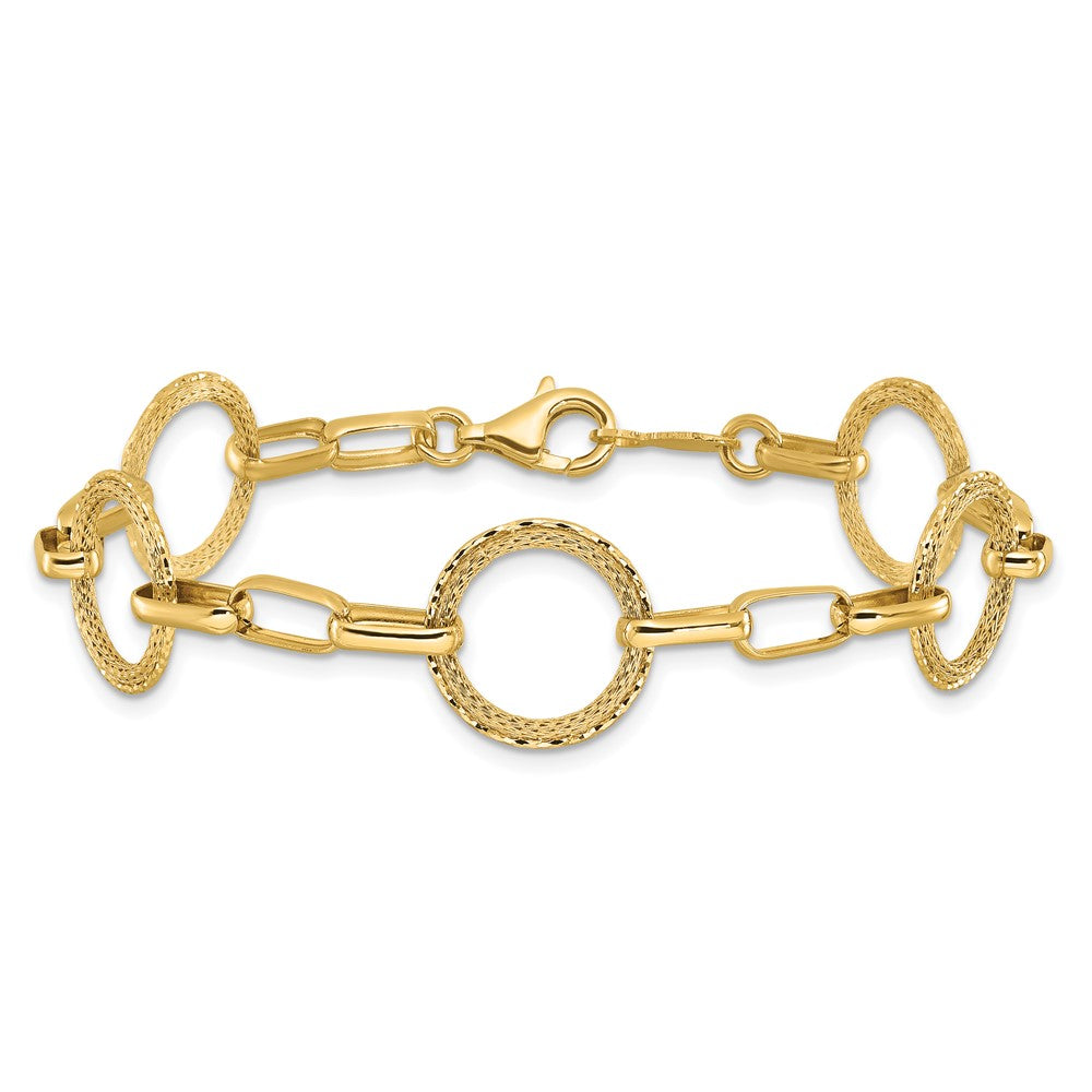 14K Polished/Dia-cut/Textured Circles Fancy Link Bracelet 7  inches