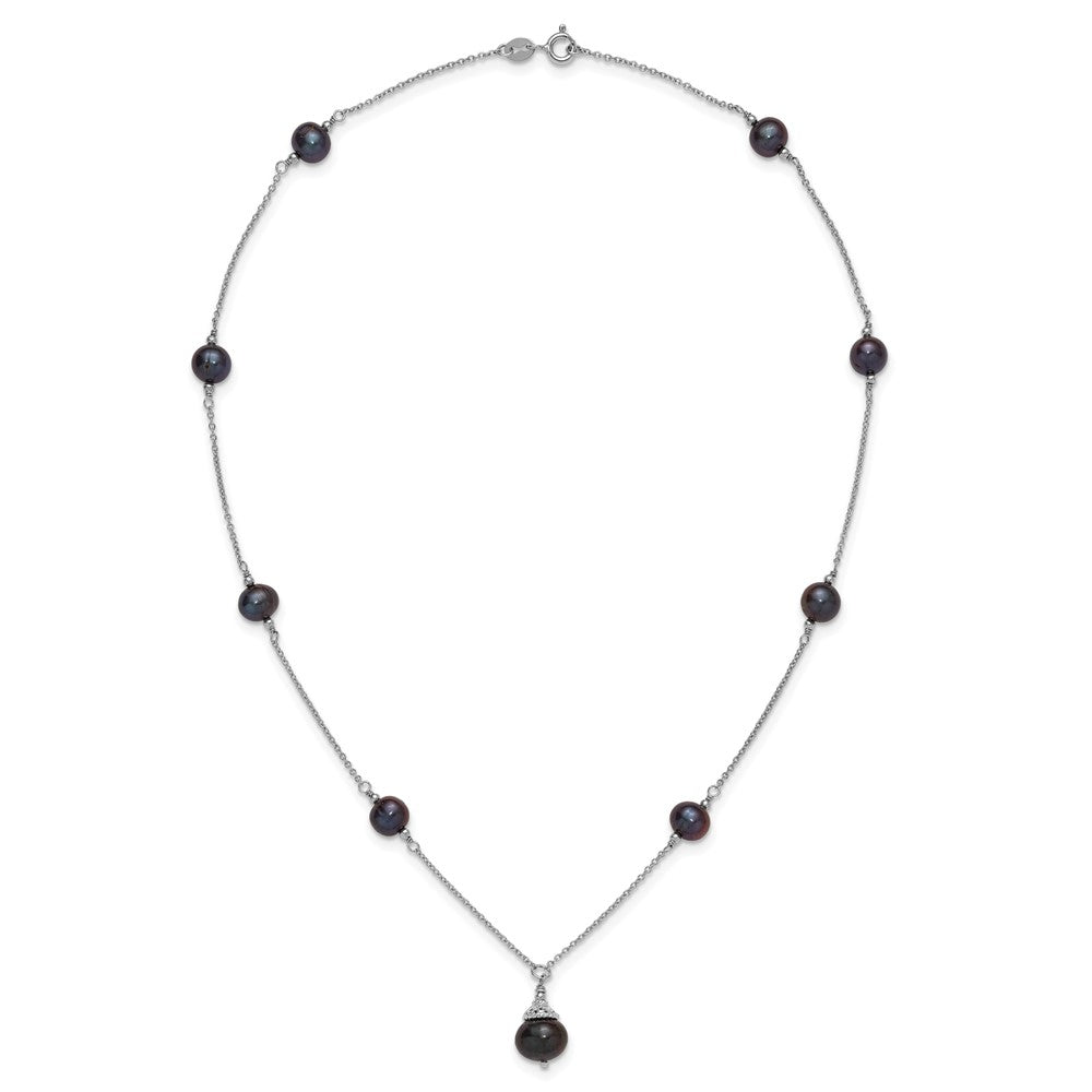 Sterling Silver Rhodium-plated 9-10mm Black Semi-Round Freshwater Cultured Pearl 18 inch Necklace and Dangle Earrings Set