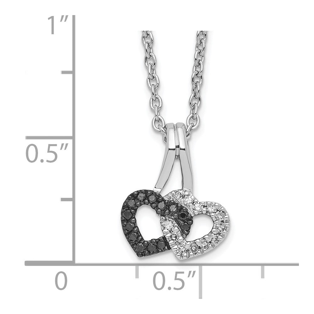 White Night Sterling Silver Rhodium-plated Black and White Diamond Double Heart 18 Inch Necklace with 2 Inch Extender 18 Inches