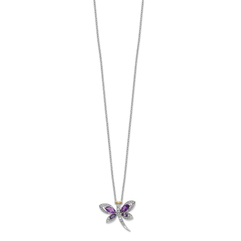 Brilliant Gemstones Sterling Silver with 14K Accent Rhodium-plated Amethyst and Iolite and Diamond Dragonfly 18 Inch Necklace with 2 Inch Extender 17 Inches