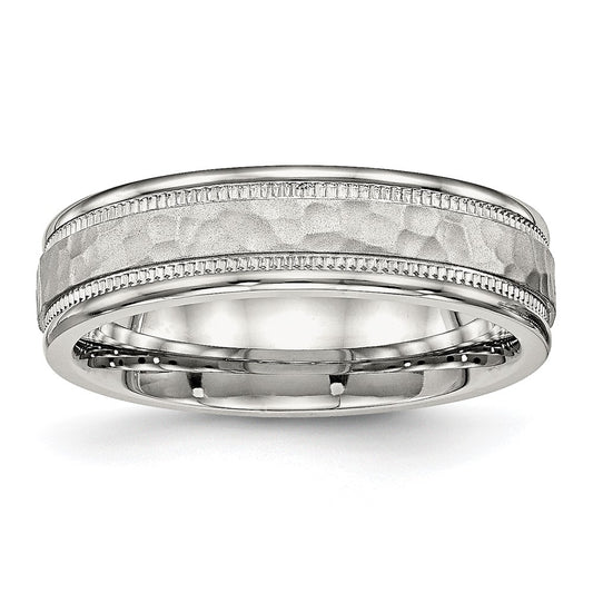 Stainless Steel Polished and Hammered 6mm Grooved Band Size - 7