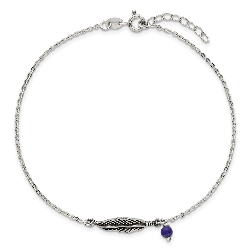 Sterling Silver Polished and Antiqued Feather and Blue Lapis Bead 9 inch with 1 inch Extension Anklet