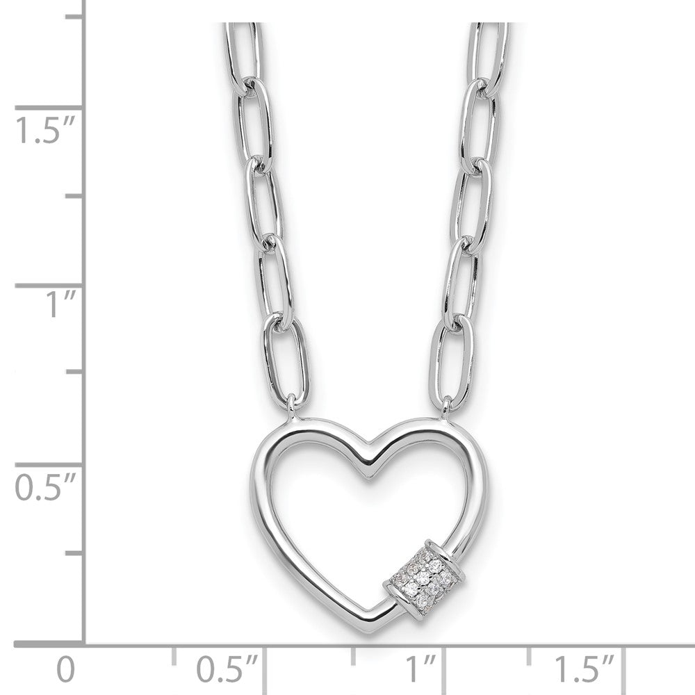 Sterling Silver RH-plated CZ Heart Paperclip Link 16in w/2in ext Necklace 16 Inches