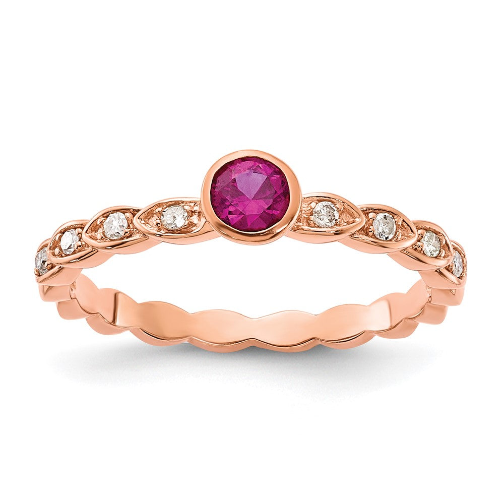 Sterling Silver Rose Tone Created Ruby and Diamond Ring