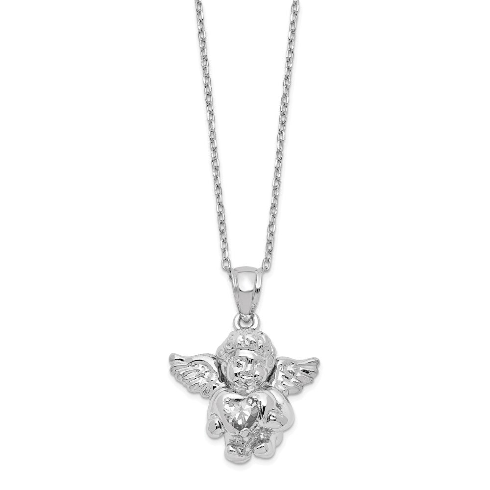 Sterling Silver RH-pltd CZ April Birthstone Angel Ash Holder 18in Necklace 18 Inches