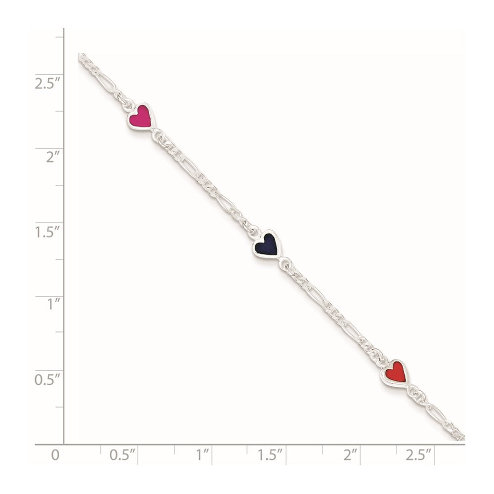 Sterling Silver Polished & Multi-color Enameled Hearts with 1 Inch Extension Children's Bracelet 6 inches