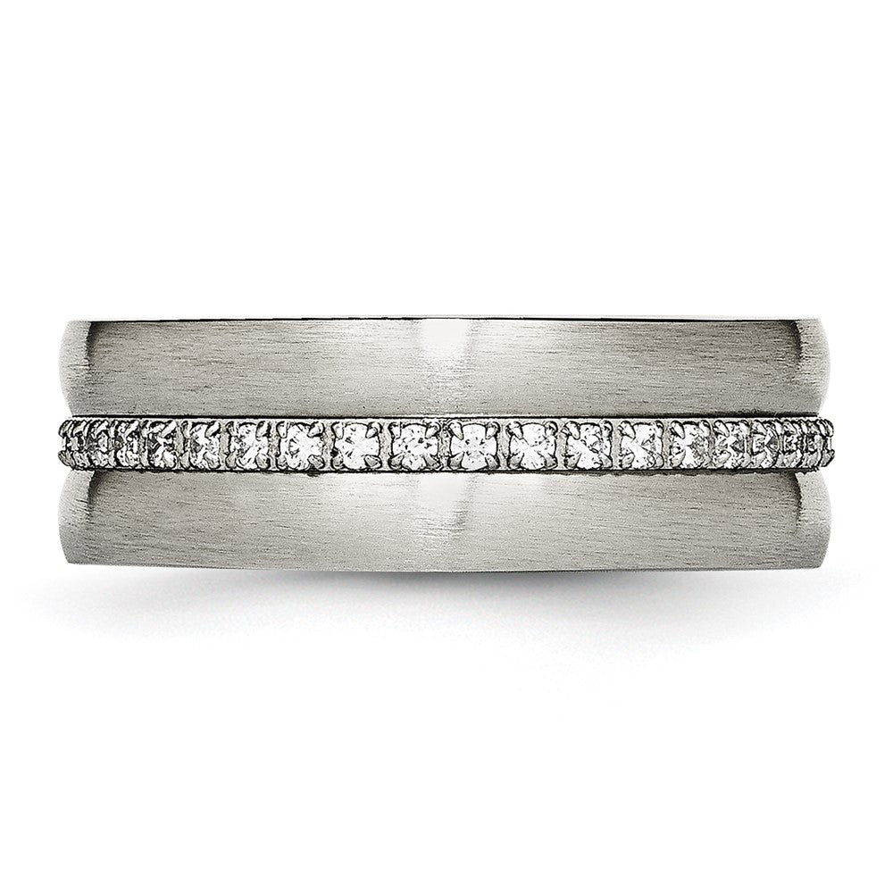 Stainless Steel Brushed and Polished w/CZ Checkered 7.5mm Band Size - 9