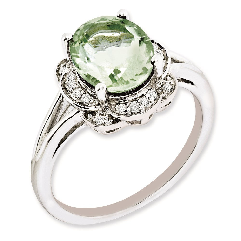 Sterling Silver Rhodium-plated Diamond & Green Quartz Ring