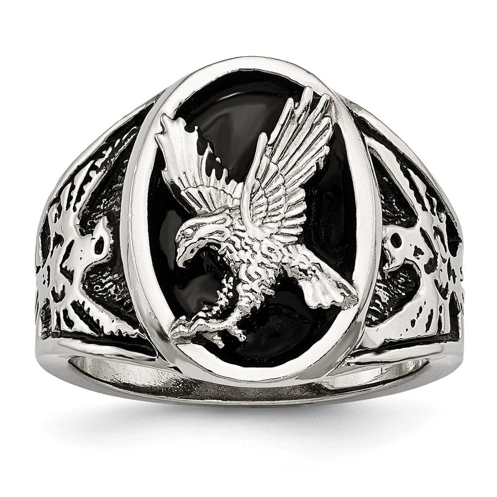 Stainless Steel Polished and Textured Enameled Eagle Ring Size - 9