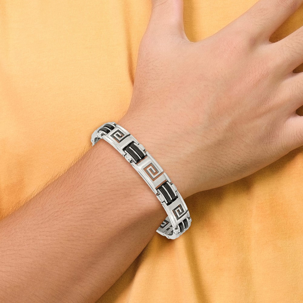 Stainless Steel 8.5in Brushed & Polished Black Rubber Greek Key Bracelet 8.5 inches
