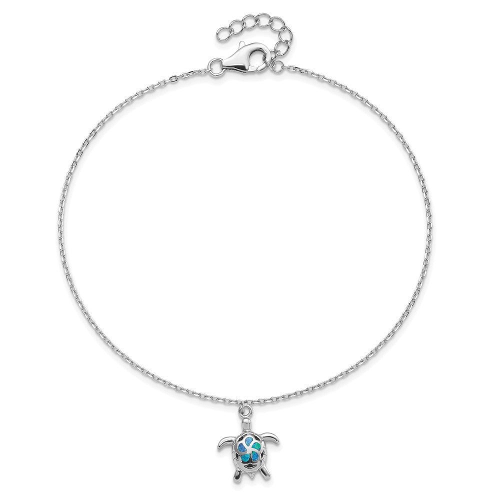 Sterling Silver Rhodium-plated Polished Created Opal Turtle 9 inch with a 1 inch Extention Anklet