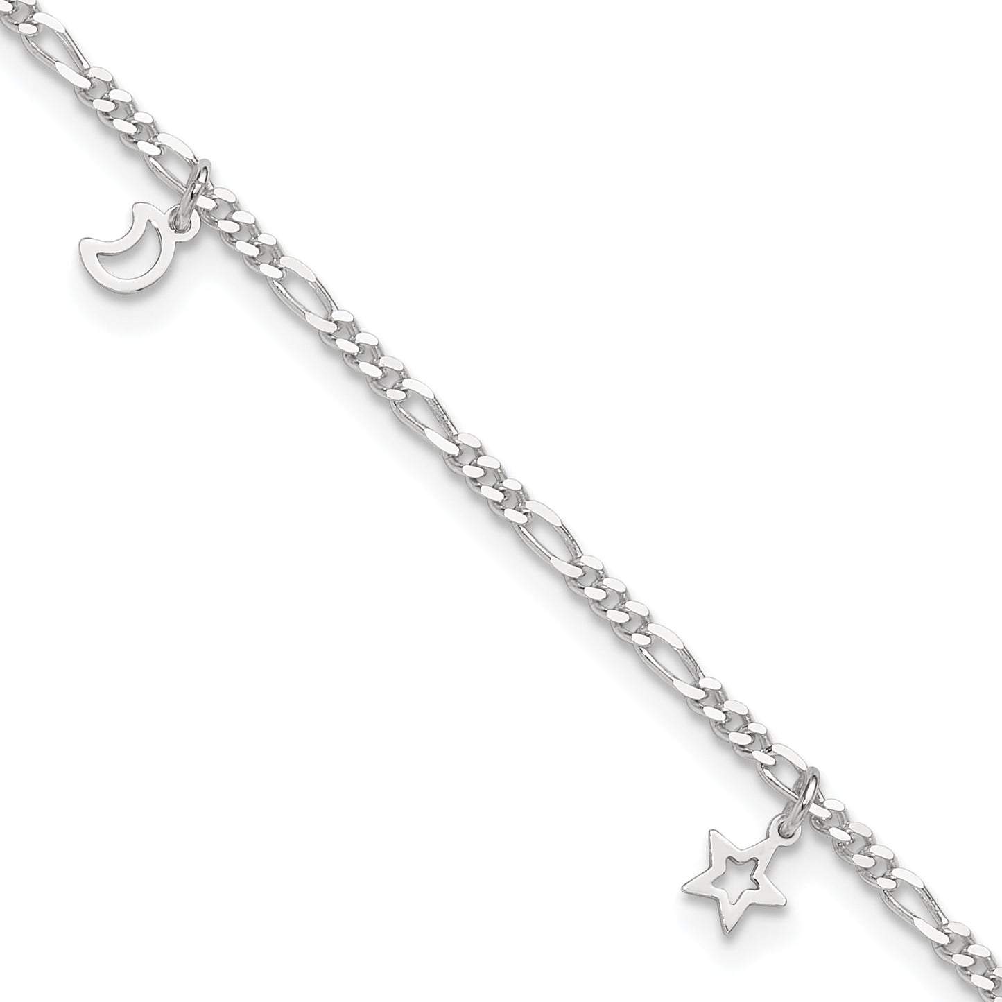 Sterling Silver Polished Star and Moon 9in Plus 1in Ext. Anklet 9 inches