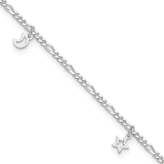 Sterling Silver Polished Star and Moon 9in Plus 1in Ext. Anklet 9 inches