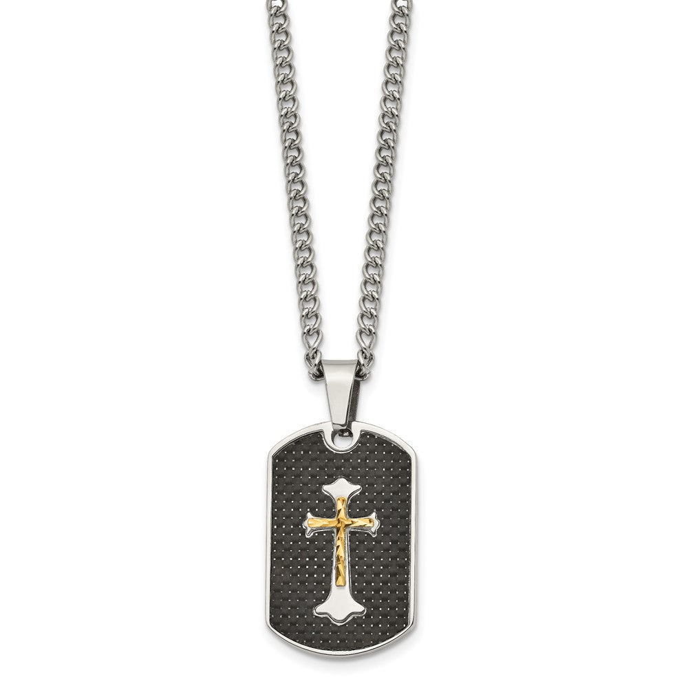 Stainless Steel w/Sterling & Carbon Fiber Inlay Yellow IP Cross Necklace