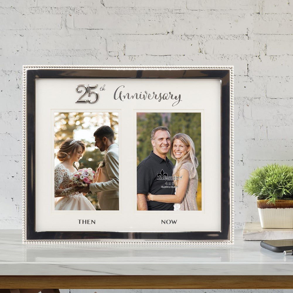 Silver-tone Beaded Then and Now 25th Anniversary Double 4x6 Photo Frame
