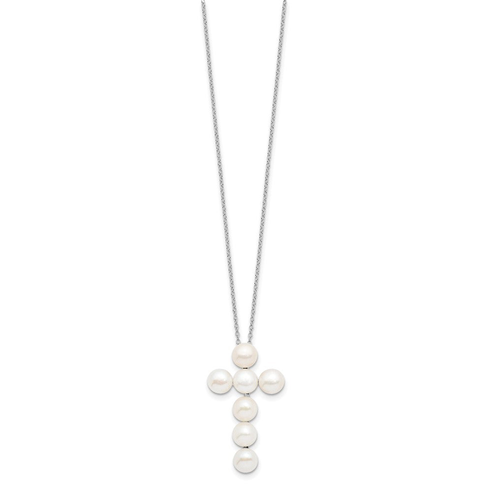 Sterling Silver Rhodium-plated 6-7mm White Button Freshwater Cultured Pearl Cross 17 inch Necklace 17 Inches