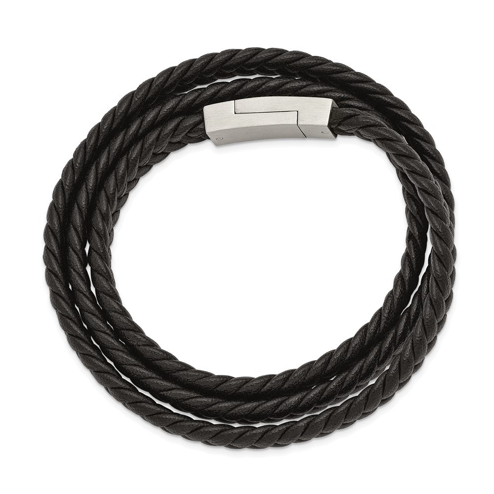 Stainless Steel Brushed Black Leather Braided 23in Wrap Bracelet