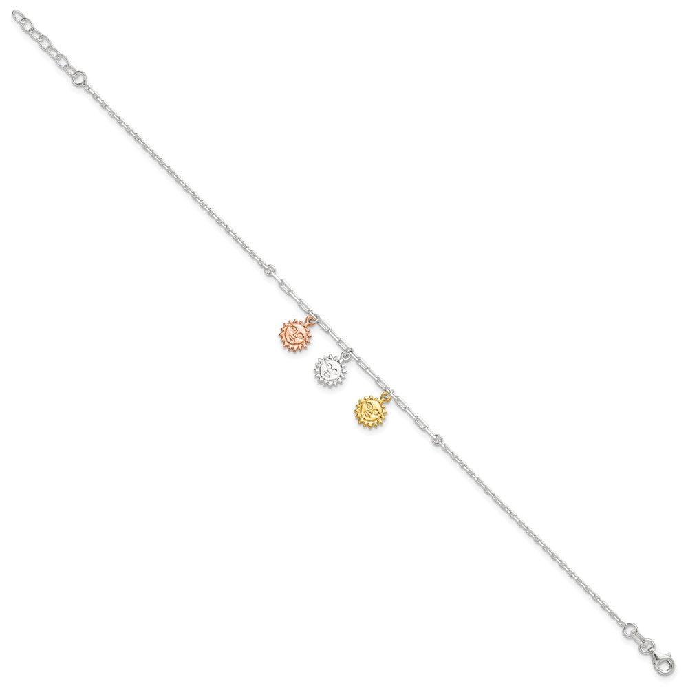 Sterling Silver Rose-tone and Gold-tone Suns 9in Plus 1in Ext. Anklet 9 inches