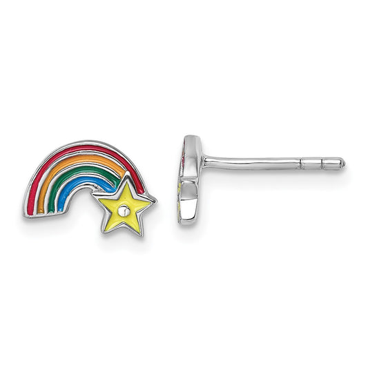 Sterling Silver Rhodium-plated Children's Multicolor Enamel Rainbow with Star Post Earrings
