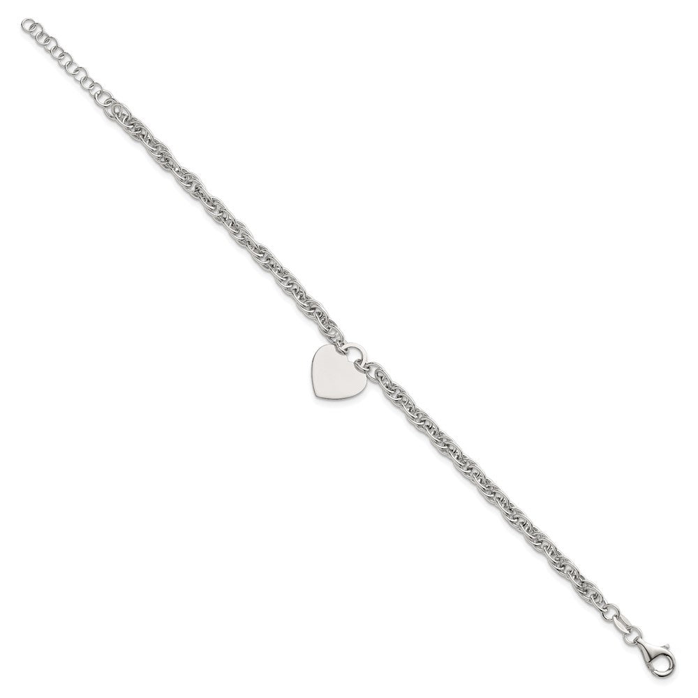 Sterling Silver Polished Fancy Engravable Heart Disc on Rope Chain 7 Inch with 1 Inch Extension Bracelet 8 inches
