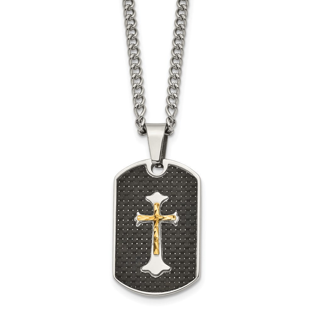 Stainless Steel w/Sterling & Carbon Fiber Inlay Yellow IP Cross Necklace