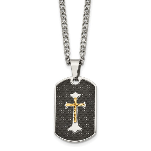 Stainless Steel w/Sterling & Carbon Fiber Inlay Yellow IP Cross Necklace