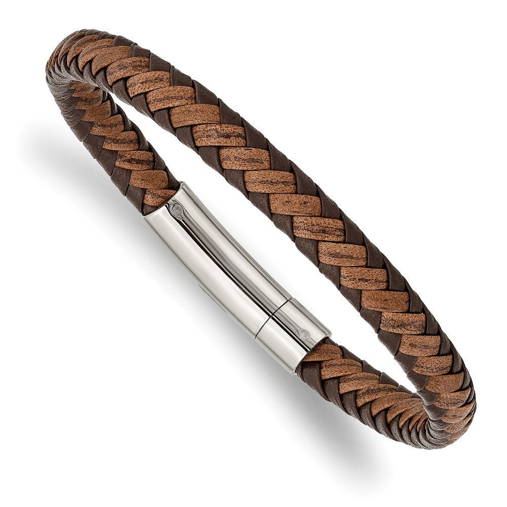 Stainless Steel Polished Brown Braided Leather 8.25in Bracelet 8.25 inches