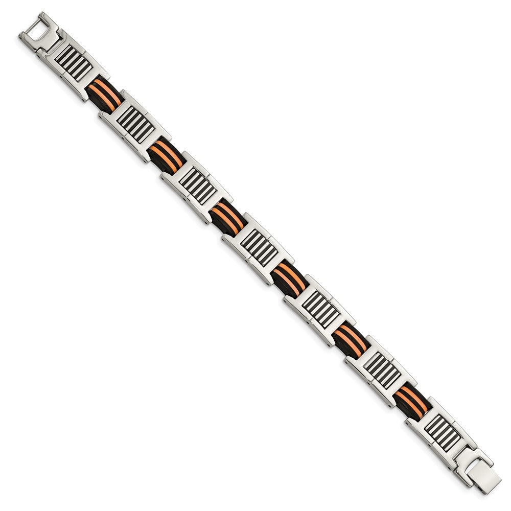 Stainless Steel 8.5in Polished with Rubber Black and Orange Bracelet 8.5 inches