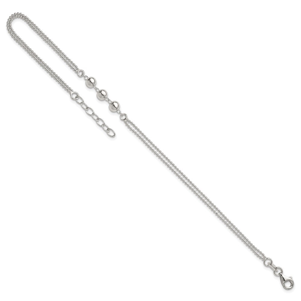 Sterling Silver Polished Beaded Double Strand 9 inch with 1 inch Extension Anklet