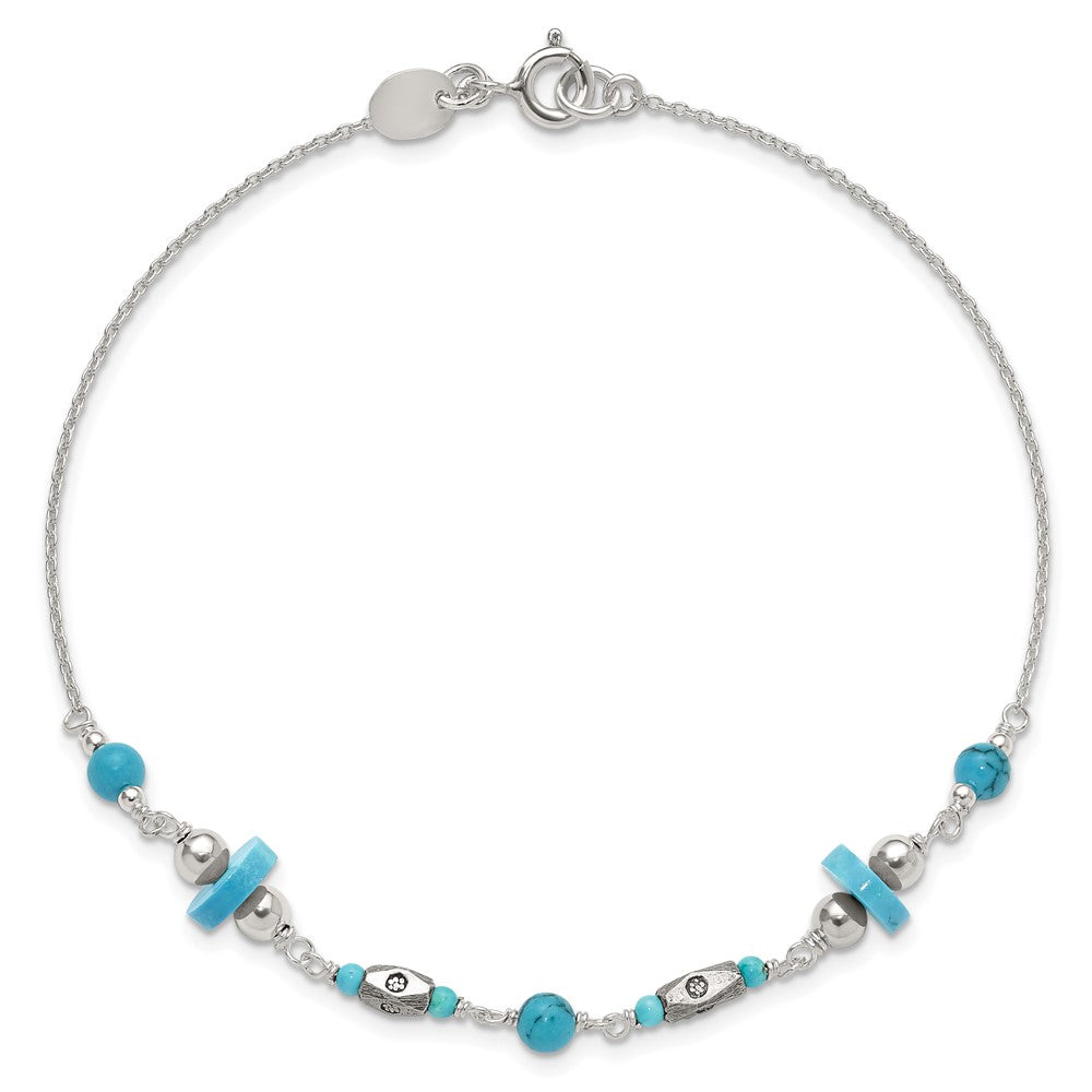 Sterling Silver Antiqued Turquoise Beaded Anklet 9 inches