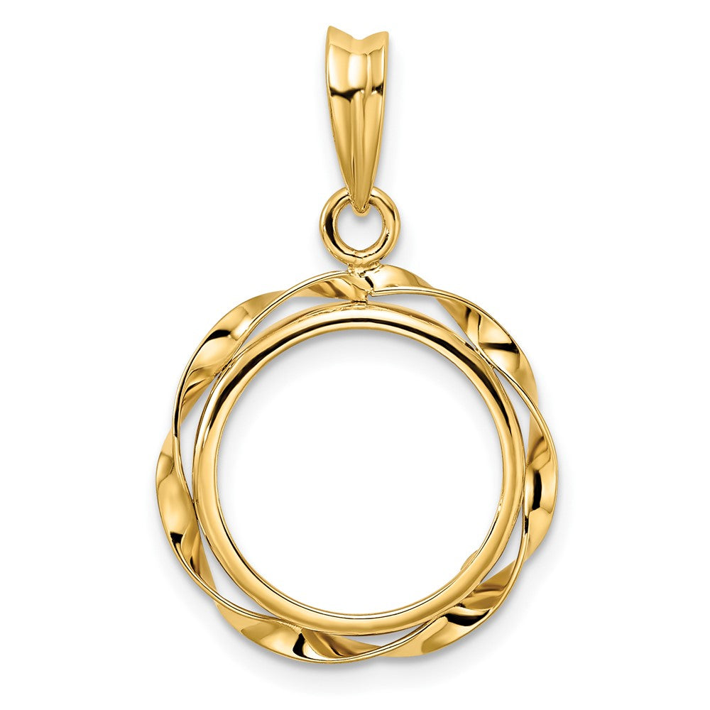 Wideband Distinguished Coin Jewelry 14k Polished Hand Twisted Ribbon 14.0mm Prong Coin Bezel Pendant