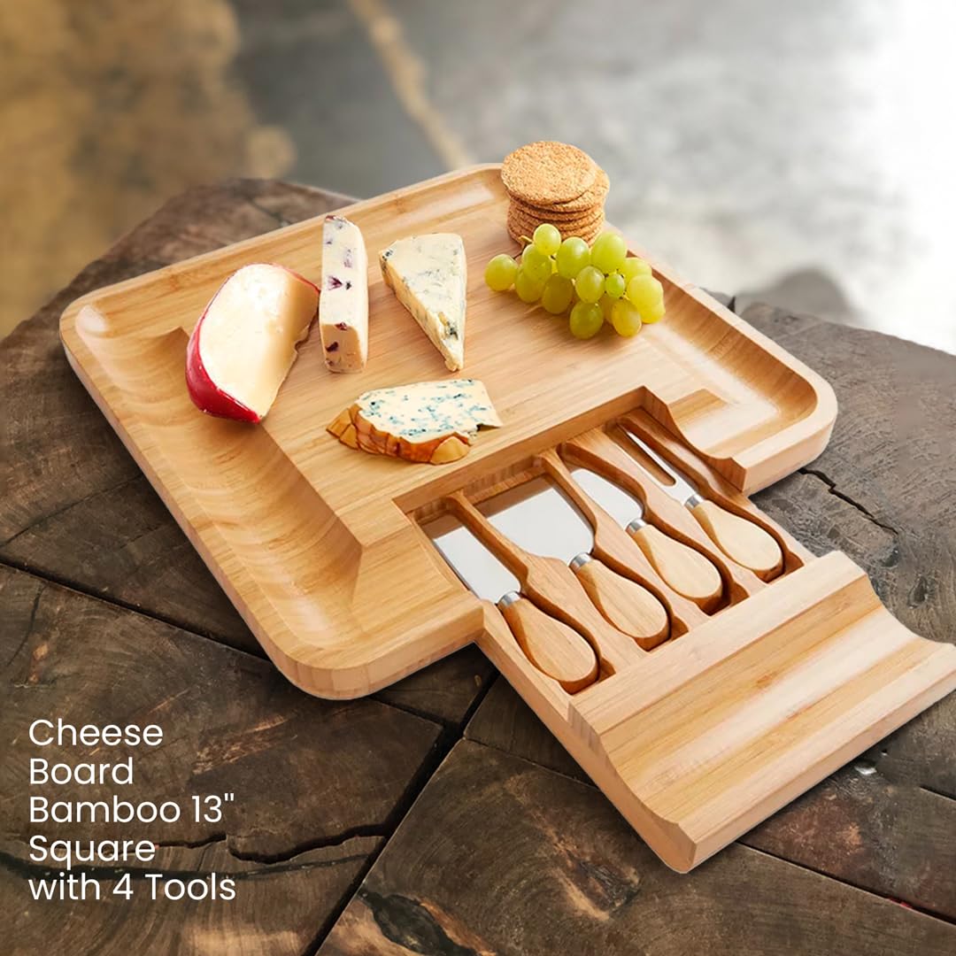 Creative Gifts International Bamboo 13" Sq Cheese Board w/4 Stainless Tools