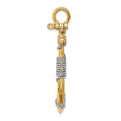 14K Two Tone Gold 3-Dimensional Polished Finish Wrapped Rope Design Large Anchor Charm Pendant