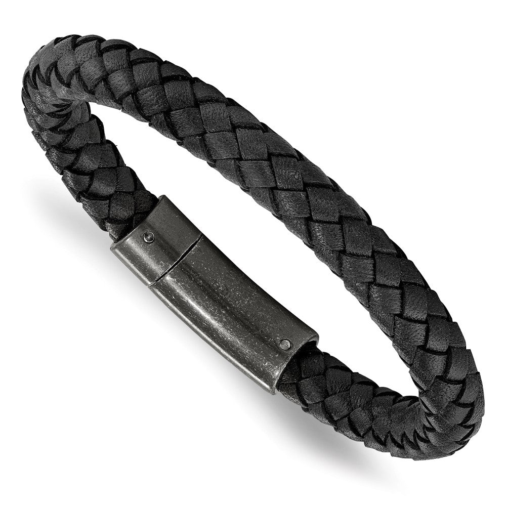Stainless Steel Brushed Black Braided Leather 8.25in Bracelet 8.25 inches