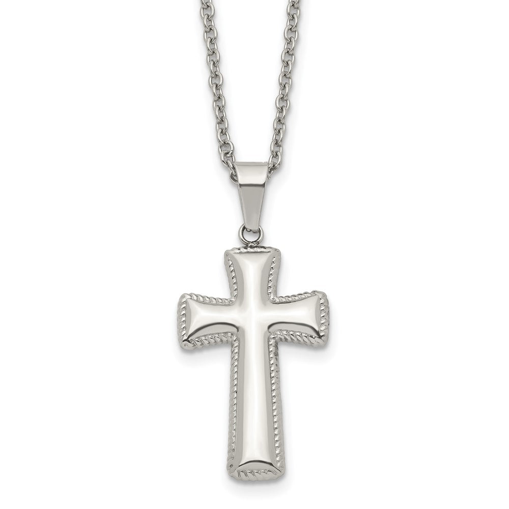 Stainless Steel Polished Medium Pillow Cross 18in Necklace