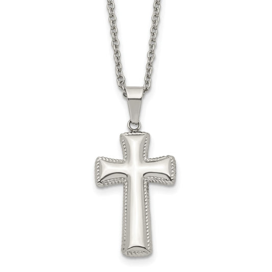 Stainless Steel Polished Medium Pillow Cross 18in Necklace