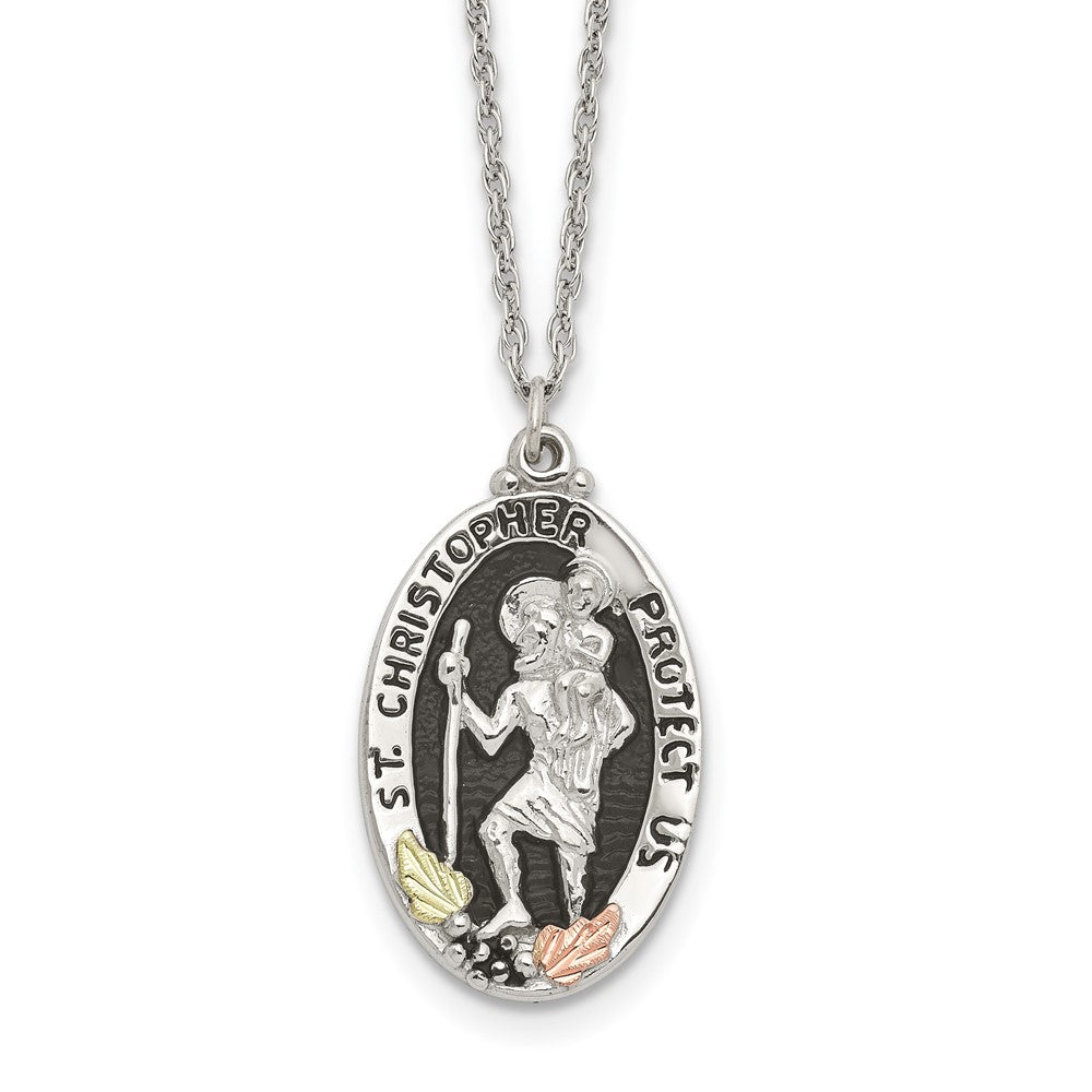 Landstrom's Mt. Rushmore Black Hills Sterling Silver 12K Gold Accents Antiqued St. Christopher Protect Us 18 inch Spring Ring Clasp Necklace 18 Inches