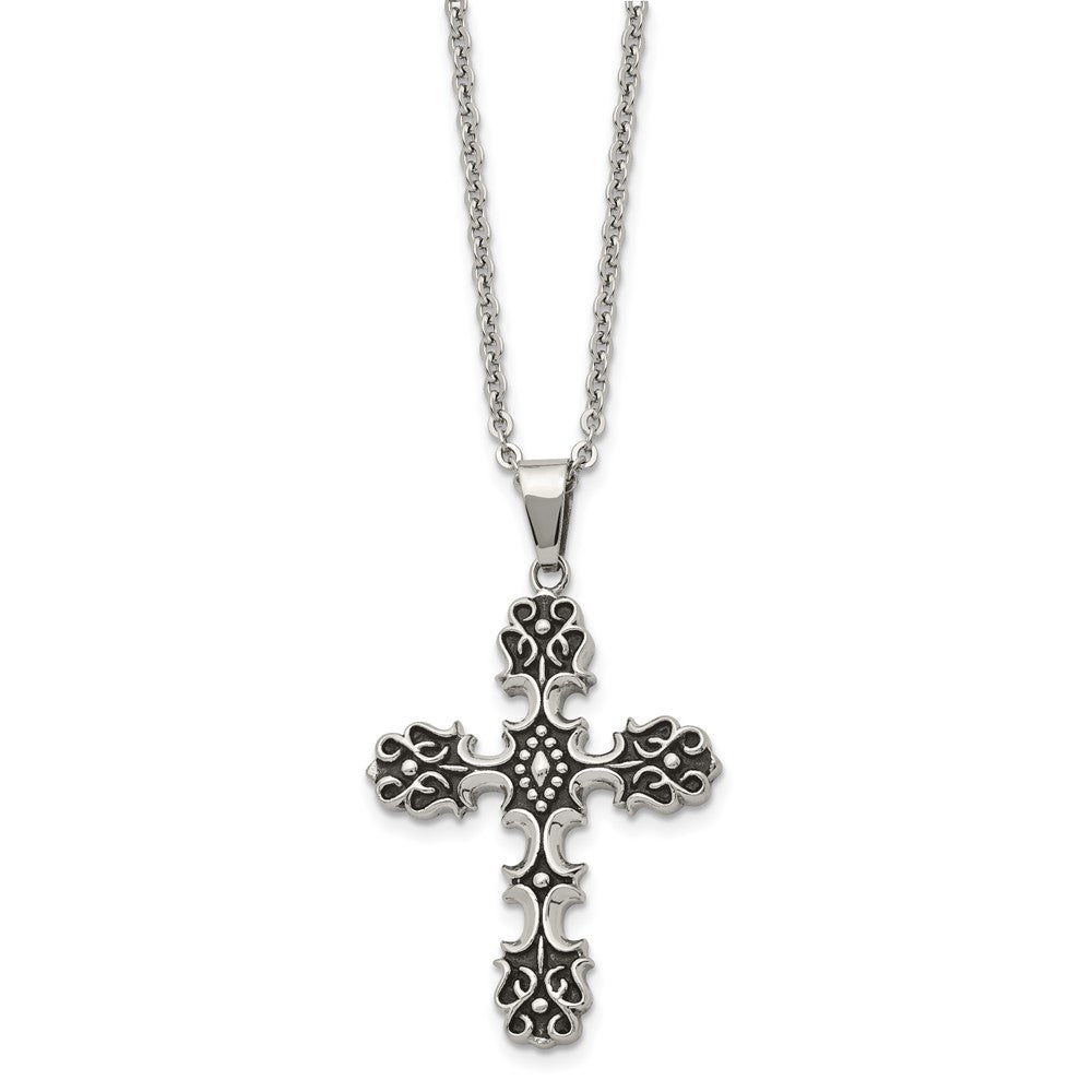 Stainless Steel Antiqued Polished and Textured Cross 22in Necklace